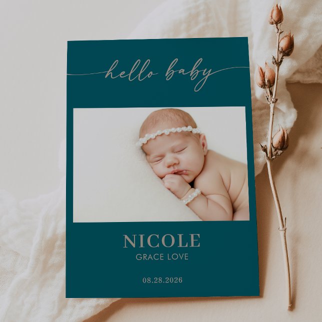 Invitación Taupe Minimal Hello Baby Photo Announcement Card (Subido por el creador)