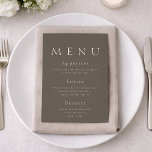 Invitación Taupe Minimalist Wedding Menu Card<br><div class="desc">Add a sophisticated and modern touch to your reception tables with this elegant taupe wedding menu card. Designed in a refined neutral color palette with timeless serif typography, this minimalist menu complements luxury, modern, and fine art wedding aesthetics. The soft taupe background paired with delicate ivory lettering creates a calm...</div>