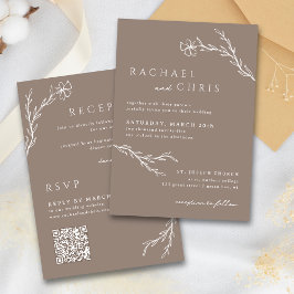 Invitación Taupe Mocha Simple Boho Floral Código QR Botánico