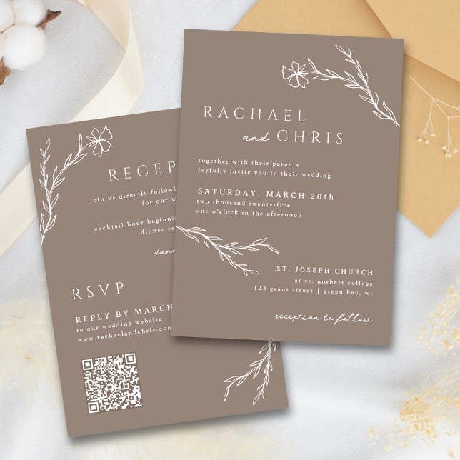 Invitación Taupe Mocha Simple Boho Floral Código QR Botánico (Subido por el creador)