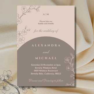 Invitación Taupe Monograma Boda Minimalista japonés floral