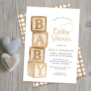 Invitación Taupe Neutral Bloques de Bebé Baño de Bebé Cottage