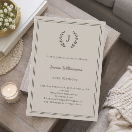 Invitación Taupe neutral monogrammed wreath birthday