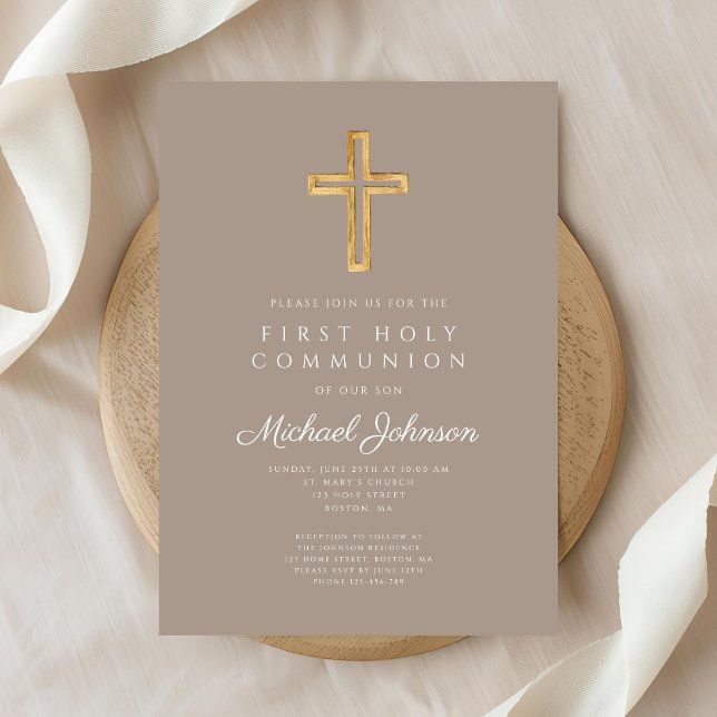 Invitación Taupe Religious Cross Boy First Holy Communion (Taupe Religious Cross Boy First Holy Communion Invitation)
