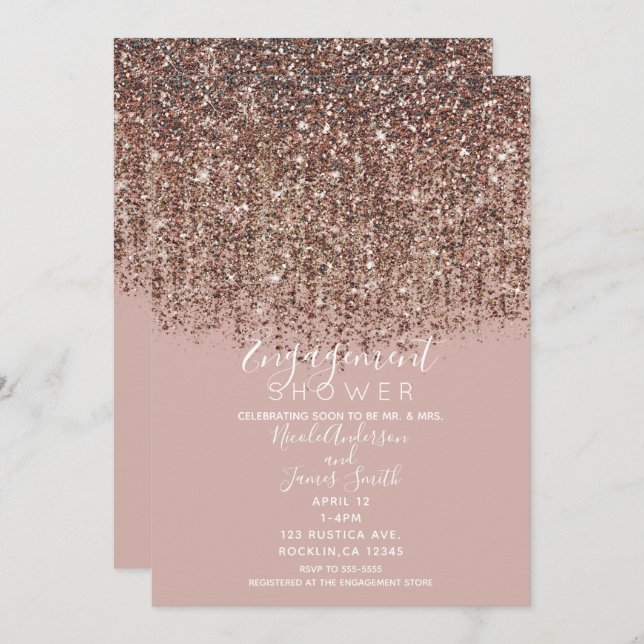 Invitación Taupe Rubor Rosa Gold Purpurina Engagement Shower (Anverso / Reverso)