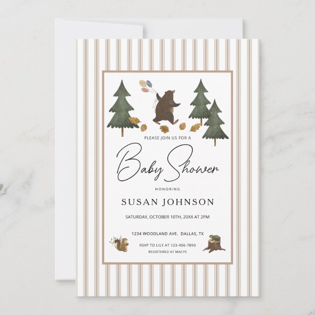 Invitación Taupe Tan Brown Woodland Bear Baby Boy Shower (Anverso)