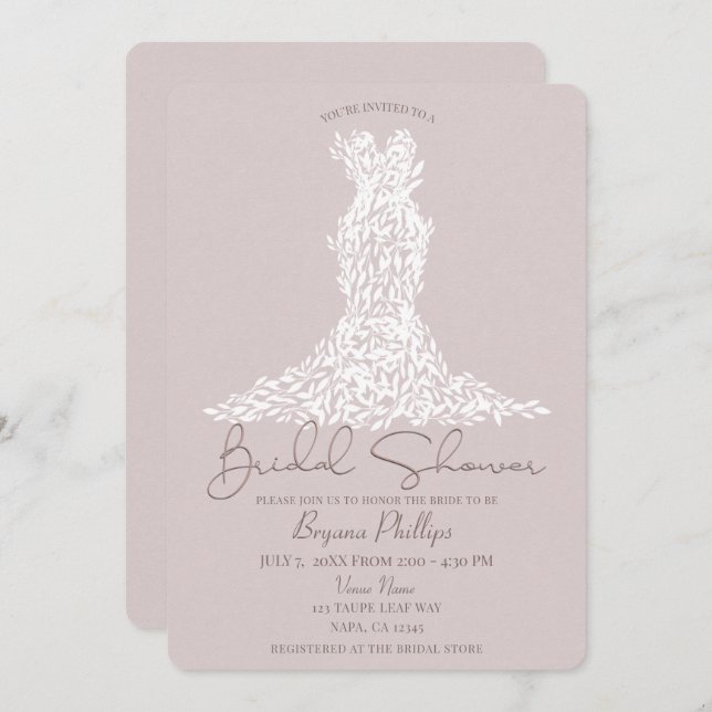 Invitación Taupe & White Leaves Vestidos Ducha Nodal Moderna (Anverso / Reverso)