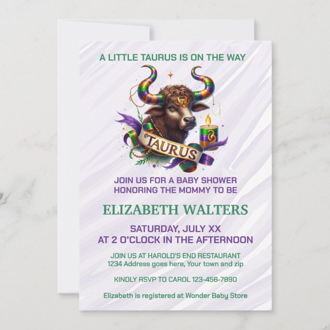 Invitación Taurus Zodiac Baby Shower Lavender and Green (Anverso)