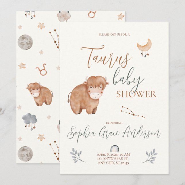 Invitación Taurus Zodiac signo ducha de bebé (Anverso / Reverso)