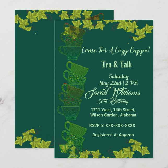 Invitación Taza Acogedora de Té Verde Afternoon Tea Cumpleaño (Anverso / Reverso)