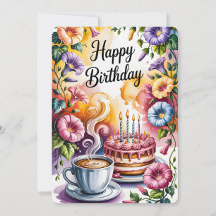Invitación Taza de café con pastel de cumpleaños al aguarela