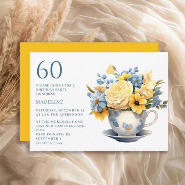 Invitación Taza de té Amarillo Flores Azules Cumpleaños 60  (Blue teacup and yellow flowers 60th birthday party invitation)