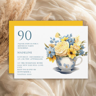 Invitación Taza de té Amarillo Flores Azules Cumpleaños 90