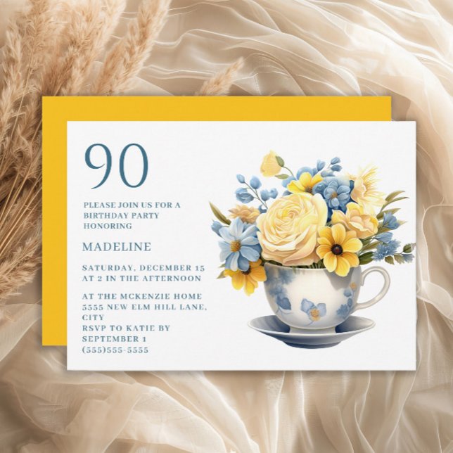 Invitación Taza de té Amarillo Flores Azules Cumpleaños 90  (Blue teacup and yellow flowers 90th birthday party invitation)