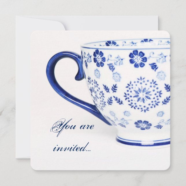 Invitación taza de té azul victoriano - fiesta de té invitado (Anverso)