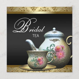 Invitación Taza de té de damasco negro con oro rosa para desp