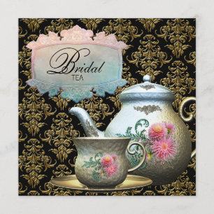 Invitación Taza de té de damasco negro con oro rosa para desp