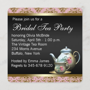 Invitación Taza de té de damasco negro con oro rosa para desp