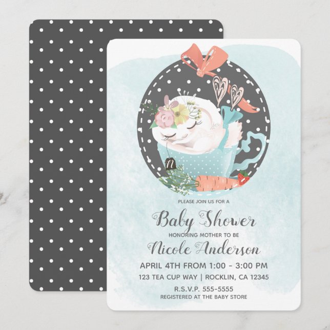 Invitación Taza de Té Durmiente Conejito de Pascua Baby Showe (Anverso / Reverso)
