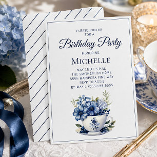 Invitación Taza de Té Floral Azul Fiesta de Cumpleaños de Muj