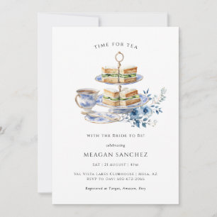 Invitación Taza de Té Floral Azul Sandwiches de Té Desayuno