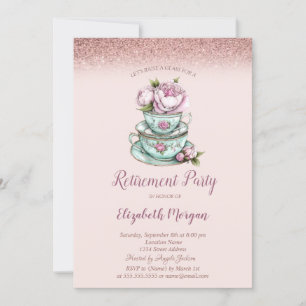 Invitación Taza de Té Floral Brillo de Oro Rosa Jubilación 