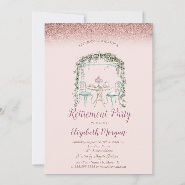 Invitación Taza de Té Floral Rosa Dorado Bokeh Jubilación (Anverso)