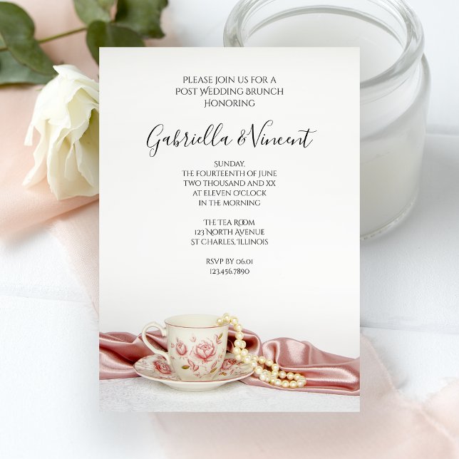 Invitación Taza de té floral rosa y perlas Brunch de postboda (Subido por el creador)