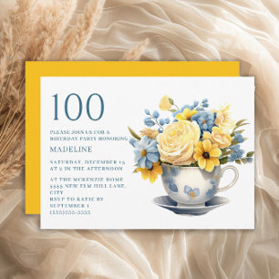 Invitación Taza de té Flores Amarillas Azules Cumpleaños 100