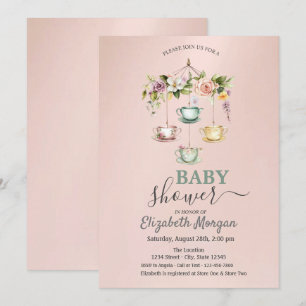 Invitación Tazas de té con acuarela para Baby Shower floral