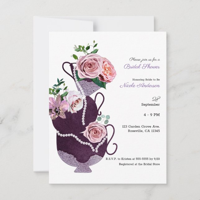Invitación Tazas de Té Floral Perlas Fiesta de Despedida de S (Anverso)