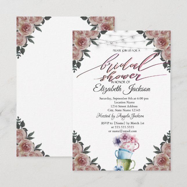 Invitación Tazas de Té Flores Luces de Cadena Despedida de So (Anverso / Reverso)