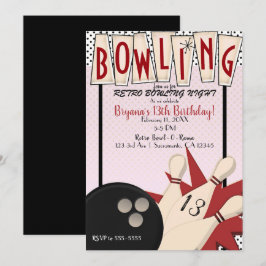 Invitación Tazón de Bolos Retro Rosa Rojo Fiesta de Cumpleaño