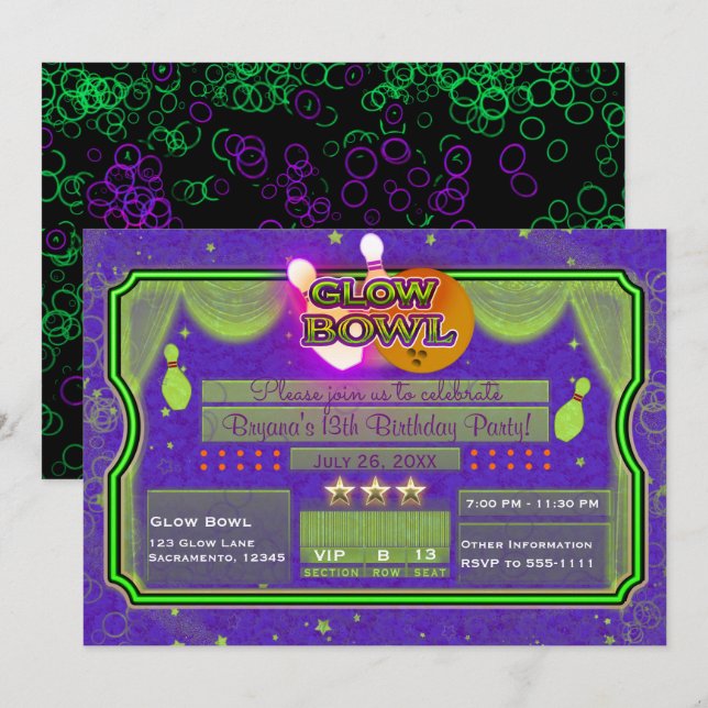 Invitación Tazón de Cumpleaños con Luz de Neón Verde y Morado (Anverso / Reverso)