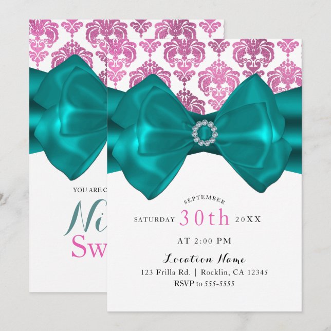 Invitación Tazón de Té de Damasco Rosa y Blanco con Lazo Turq (Anverso / Reverso)