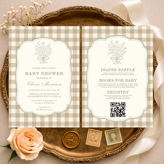 Invitación Tazón Floral de Gingham Neutral Todo en Uno para B (Subido por el creador)