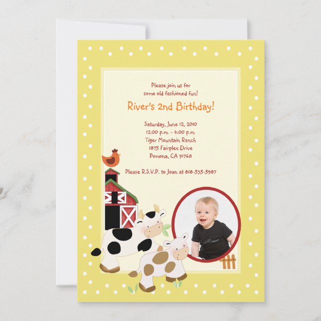 Invitación {TBA} Cow Moo Cow Farm Barnyard *FOTO* Cumpleaños (Anverso)