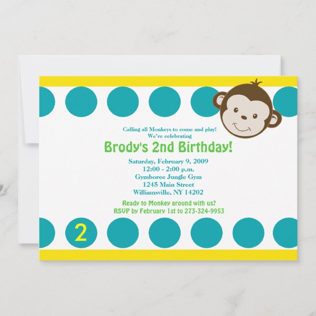 Invitación {TBA} Cumpleaños azul/amarillo de mono de cocina l (Anverso)