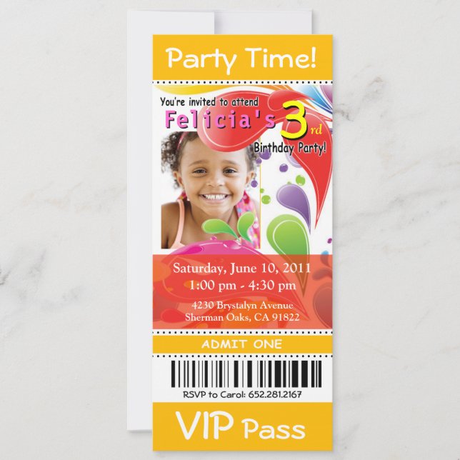 Invitación :: TBA: Fiesta de fotos de entradas VIP para niños (Anverso)