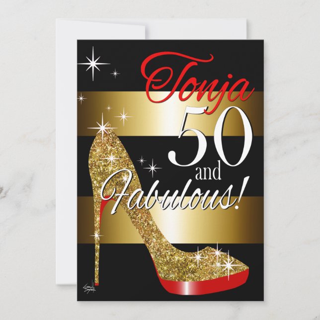 Invitación TD 50 y fabuloso Purpurina Stiletto cumpleaños (Anverso)
