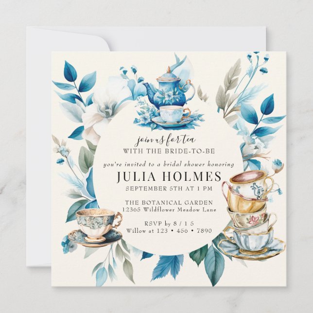 Invitación Té acuarela | Ducha azul floral para novias (Anverso)