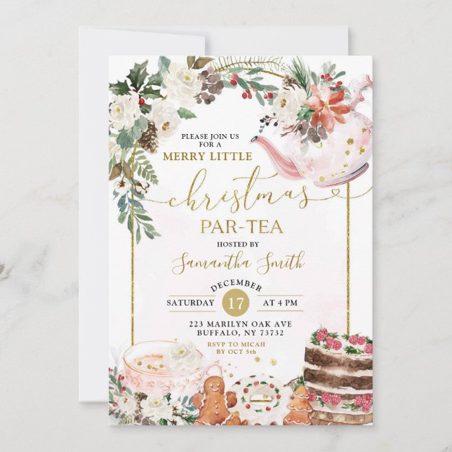 Invitación Té Alegre Pequeño Navidad Floral de Invierno Par (Anverso)