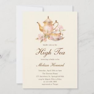 Invitación Té Alto Amarillo Pastel Dorado Despedida de Solter