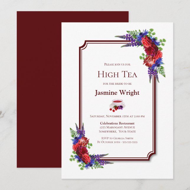 Invitación Té alto de novia floral borgoñona y azul (Anverso / Reverso)