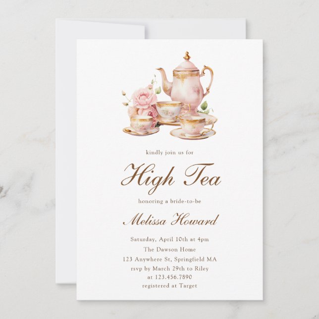 Invitación Té Alto Pastel Dorado Despedida de Soltera (Anverso)
