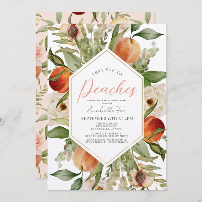 Invitación Te amo a la floral ducha de novias de Peaches (Anverso / Reverso)