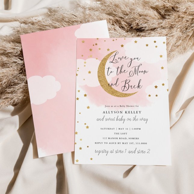 Invitación Te amo a la luna, Baby Shower rosa de las estrella (Subido por el creador)