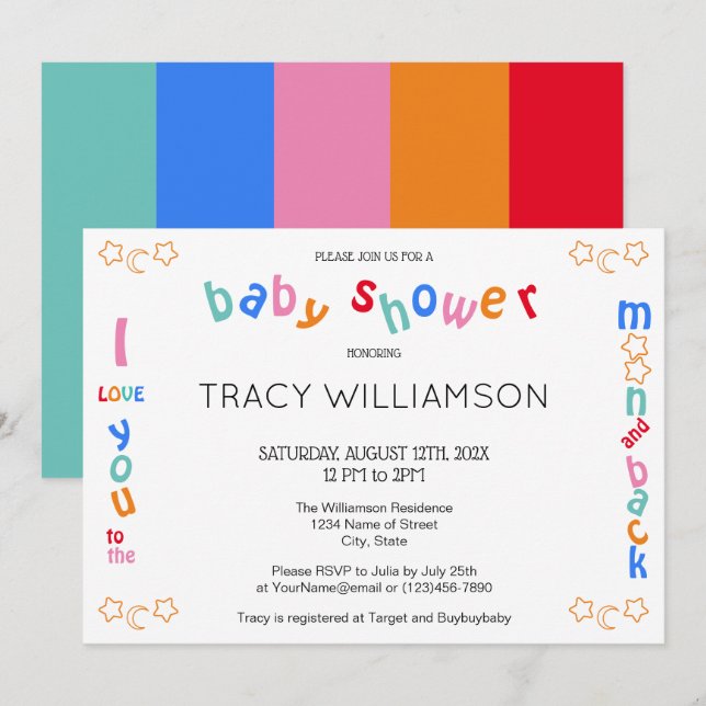 Invitación Te amo a la luna y a Baby Shower de regreso (Anverso / Reverso)