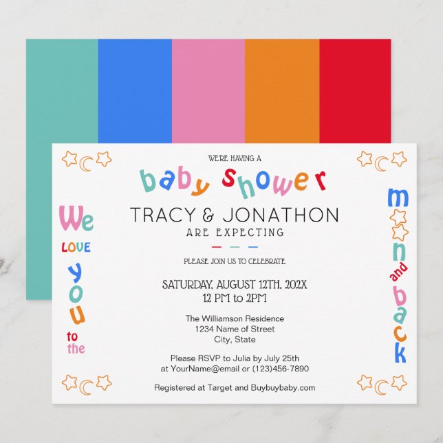 Invitación Te amo a la luna y a la Baby Shower de la pareja (Anverso / Reverso)
