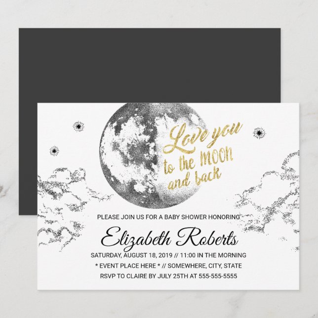 Invitación Te amo a la luna y a tu Baby Shower (Anverso / Reverso)